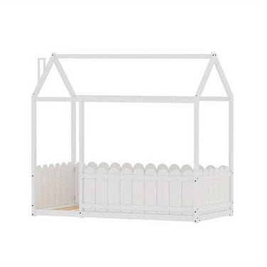 White Wooden toddler Bed House-Shaped Single Bed Frame - Solid Pine Wood
